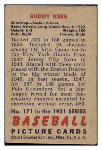 1951 Bowman Baseball #171 Buddy Kerr Braves EX 515176