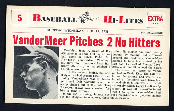 1960 Nu Card Hi Lites #005 Johnny Vander Meer Reds NR-MT 515437