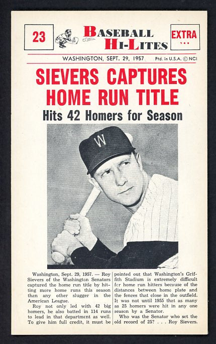 1960 Nu Card Hi Lites #023 Roy Sievers Senators NR-MT 515450