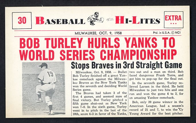 1960 Nu Card Hi Lites #030 Bob Turley Yankees NR-MT 515454