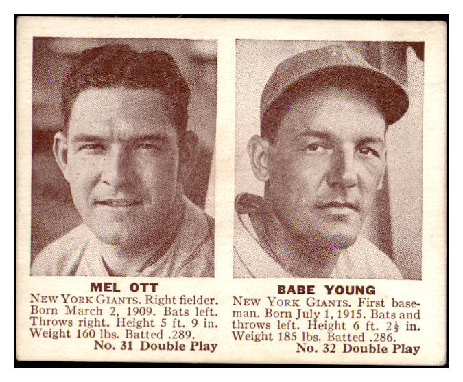 1941 Double Play #031/32 Mel Ott Babe Young EX+ 515865