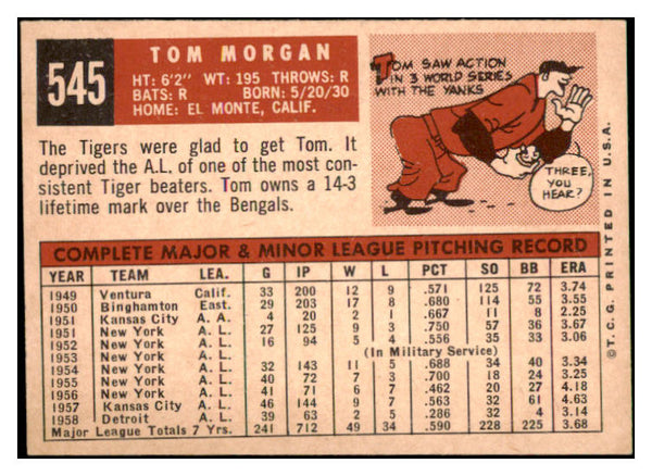 1959 Topps Baseball #545 Tom Morgan Tigers EX 515915