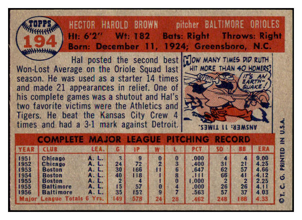 1957 Topps Baseball #194 Hal Brown Orioles EX-MT 516174
