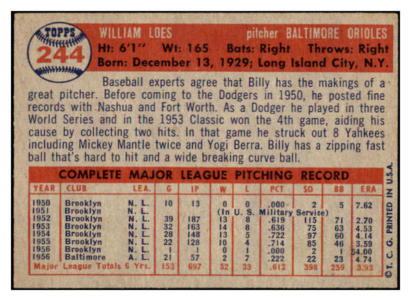 1957 Topps Baseball #244 Billy Loes Orioles EX-MT 516222