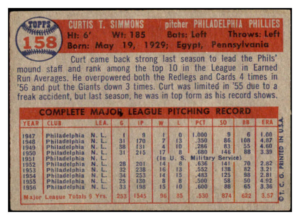 1957 Topps Baseball #158 Curt Simmons Phillies EX-MT 516292
