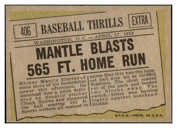 1961 Topps Baseball #406 Mickey Mantle IA Yankees NR-MT 516511