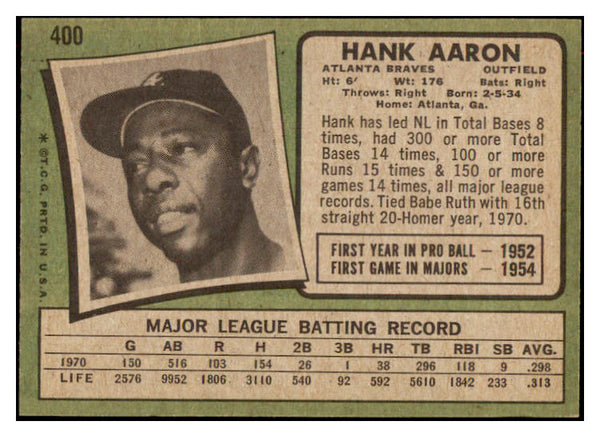 1971 Topps Baseball #400 Hank Aaron Braves EX-MT 516625