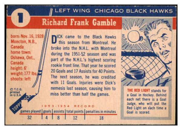 1954 Topps Hockey #001 Dick Gamble Black Hawks VG-EX 516716