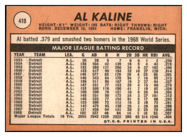 1969 Topps Baseball #410 Al Kaline Tigers EX-MT 516953
