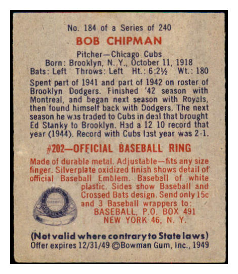 1949 Bowman Baseball #184 Bob Chipman Cubs EX-MT 517026