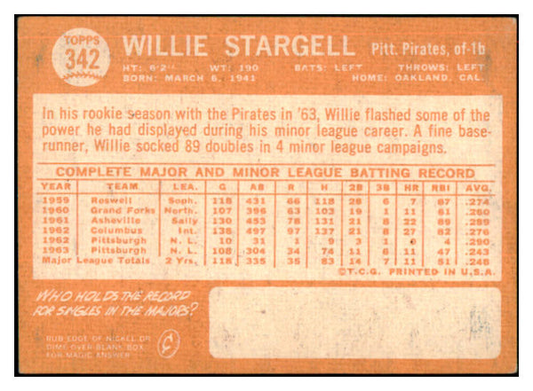 1964 Topps Baseball #342 Willie Stargell Pirates EX+/EX-MT 517145