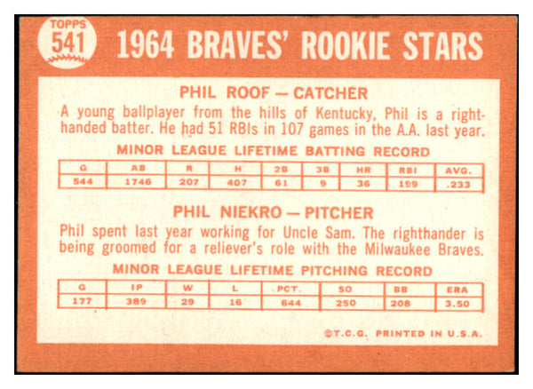 1964 Topps Baseball #541 Phil Niekro Braves VG-EX 517148