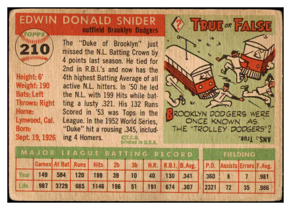 1955 Topps Baseball #210 Duke Snider Dodgers GD-VG 517180