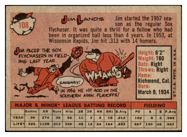1958 Topps Baseball #108 Jim Landis White Sox EX Yellow Letter 517407