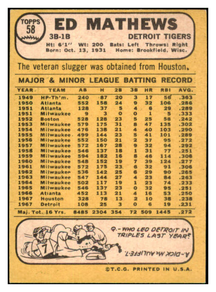 1968 Topps Baseball #058 Eddie Mathews Tigers NR-MT 517573
