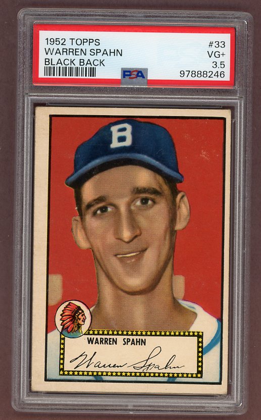 1952 Topps Baseball #033 Warren Spahn Braves PSA 3.5 VG+ Black 517696