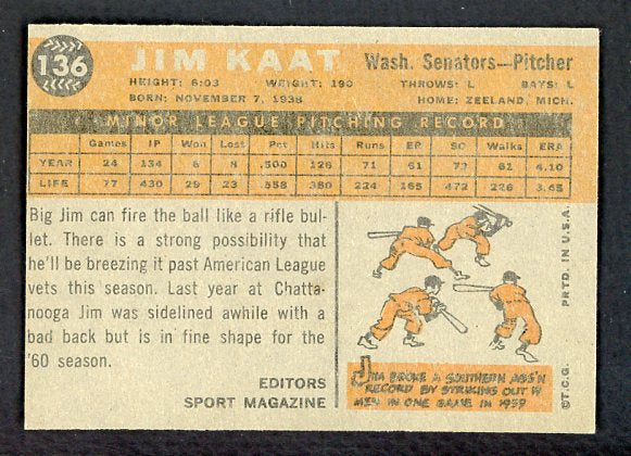 1960 Topps Baseball #136 Jim Kaat Senators EX 518868