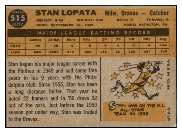 1960 Topps Baseball #515 Stan Lopata Braves NR-MT 518941