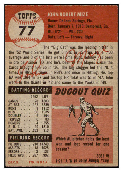 1953 Topps Baseball #077 Johnny Mize Yankees EX-MT 519336