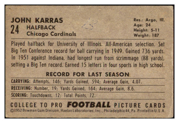 1952 Bowman Large Football #024 John Karras Cardinals VG-EX 519376