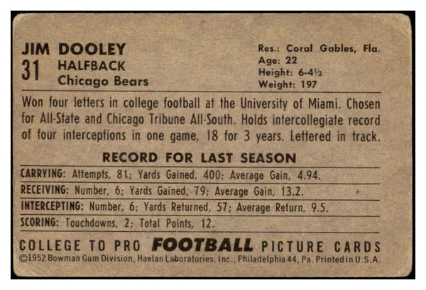 1952 Bowman Large Football #031 Jim Dooley Bears VG 519380