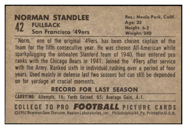 1952 Bowman Large Football #042 Norm Standlee 49ers EX 519389