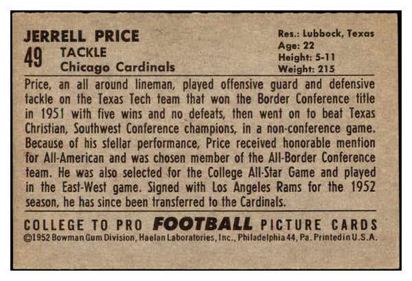1952 Bowman Large Football #049 Jerrell Price Cardinals EX 519393