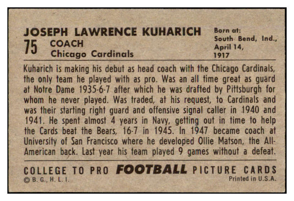 1952 Bowman Large Football #075 Joe Kuharich Cardinals EX 519415