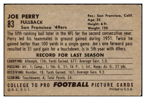 1952 Bowman Large Football #083 Joe Perry 49ers VG-EX 519424