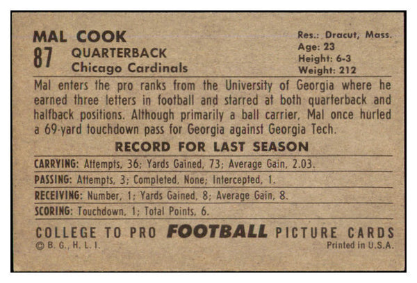 1952 Bowman Large Football #087 Mal Cook Cardinals EX-MT 519428