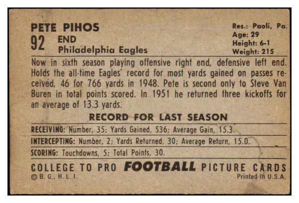 1952 Bowman Large Football #092 Pete Pihos Eagles EX 519430