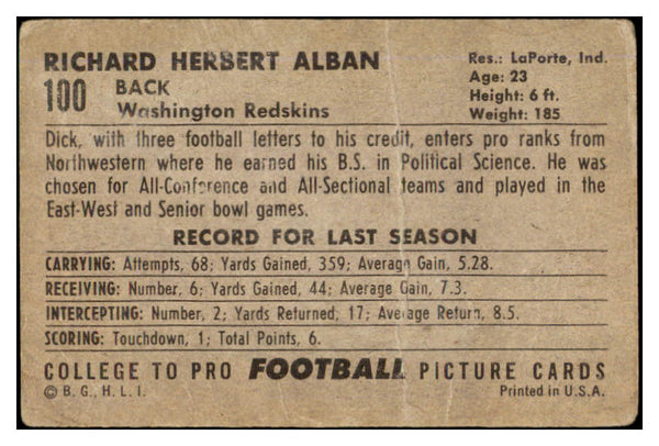 1952 Bowman Large Football #100 Dick Alban Washington PR-FR 519436