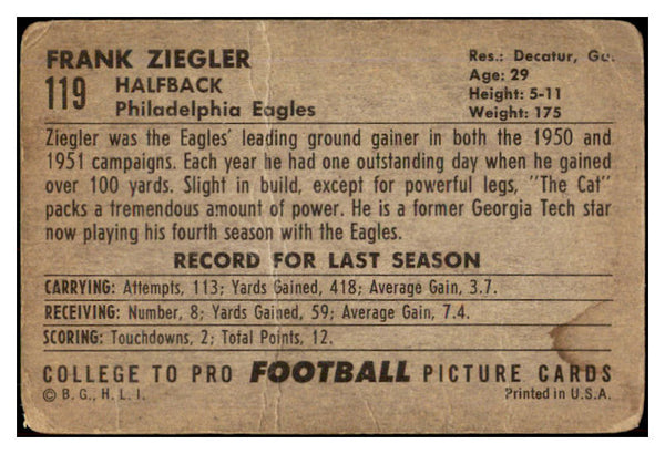 1952 Bowman Large Football #119 Frank Ziegler Eagles FR-GD 519449