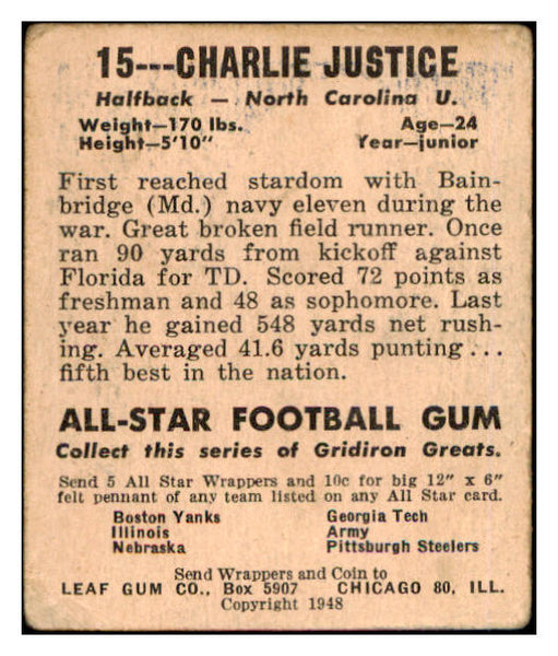 1948 Leaf #015 Charlie Justice North Carolina VG 519479