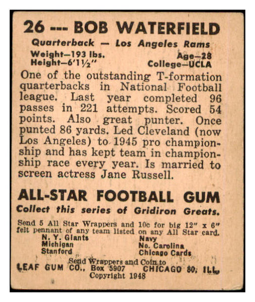 1948 Leaf #026 Bob Waterfield Rams VG-EX 519491