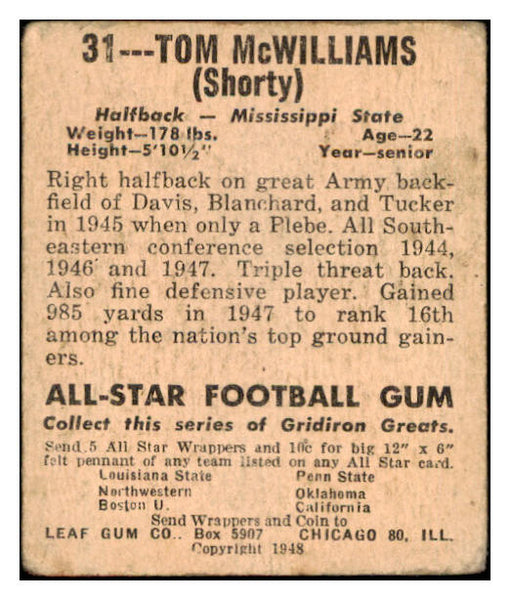 1948 Leaf #031 Tom McWilliams Mississippi St. GD-VG 519496