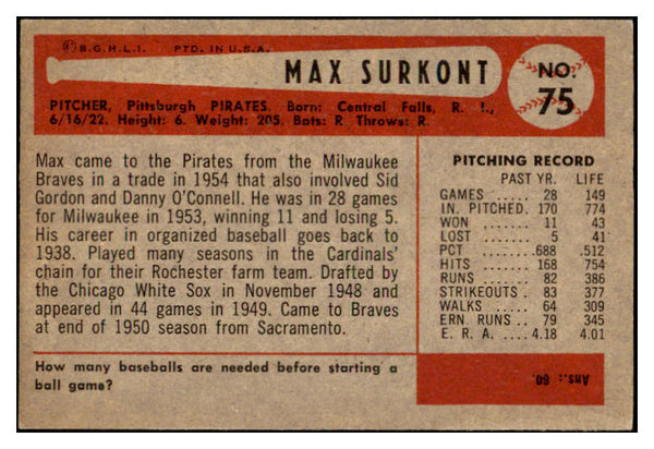1954 Bowman Baseball #075 Max Surkont Pirates NR-MT 519586