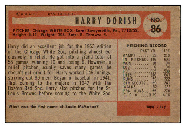 1954 Bowman Baseball #086 Harry Dorish White Sox NR-MT 519591