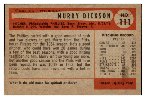 1954 Bowman Baseball #111 Murry Dickson Phillies NR-MT 519614