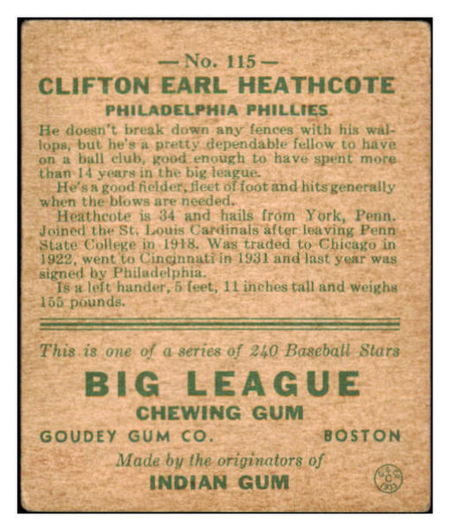 1933 Goudey #115 Cliff Heathcote Phillies VG-EX 519706