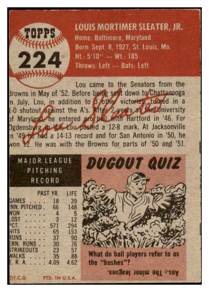 1953 Topps Baseball #224 Lou Sleater Senators GD-VG 519764