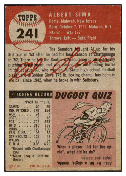 1953 Topps Baseball #241 Al Sima Senators EX-MT 519777