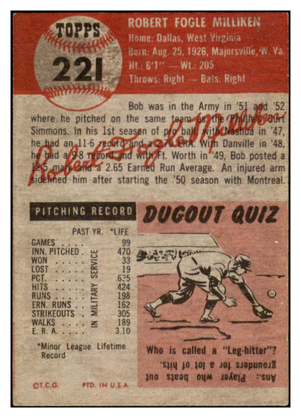 1953 Topps Baseball #221 Bob Milliken Dodgers VG-EX 519798