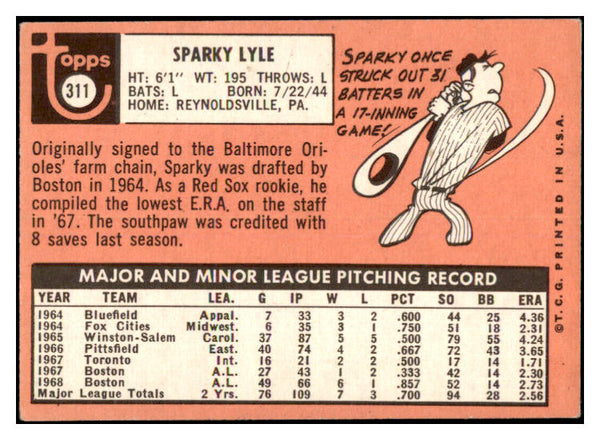 1969 Topps Baseball #311 Sparky Lyle Red Sox EX 519939