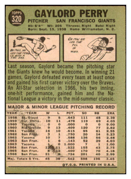 1967 Topps Baseball #320 Gaylord Perry Giants VG-EX 519963