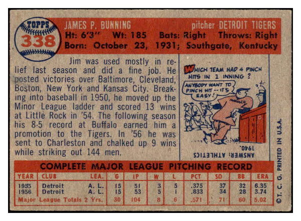 1957 Topps Baseball #338 Jim Bunning Tigers EX+/EX-MT 519988