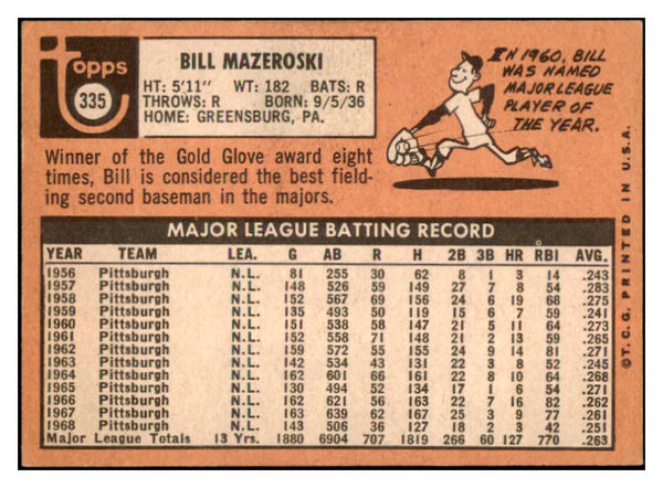 1969 Topps Baseball #335 Bill Mazeroski Pirates VG-EX 520111