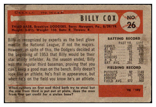 1954 Bowman Baseball #026 Billy Cox Dodgers EX-MT 520142