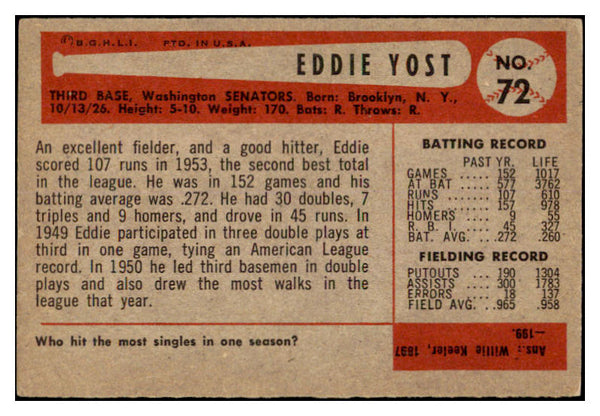 1954 Bowman Baseball #072 Eddie Yost Senators EX-MT 520150