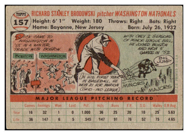 1956 Topps Baseball #157 Dick Brodowski Senators EX-MT Gray 520224